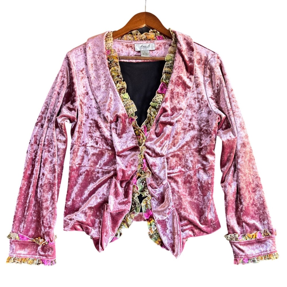 Aria A Womens Blazer Medium Pink Velvet Silk Ruffle Whimsigoth Boho Chic Artsy